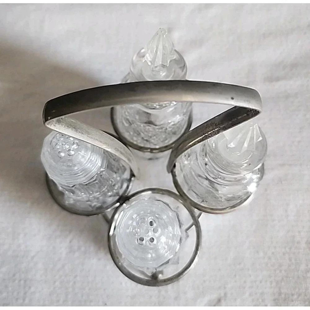 Eales Of Sheffield Cut Glass 4 Bottle Condiment Cruet Caddy Silver Plated VTG